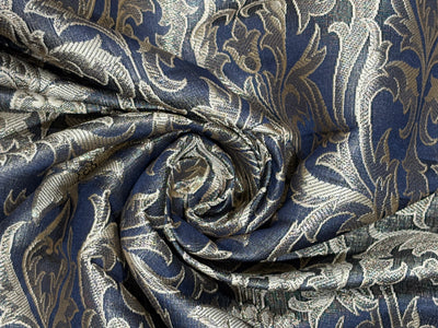 Silk Brocade fabric 44" antique gold jacquard motifs with vines available in 2 colors navy and black  BRO1054