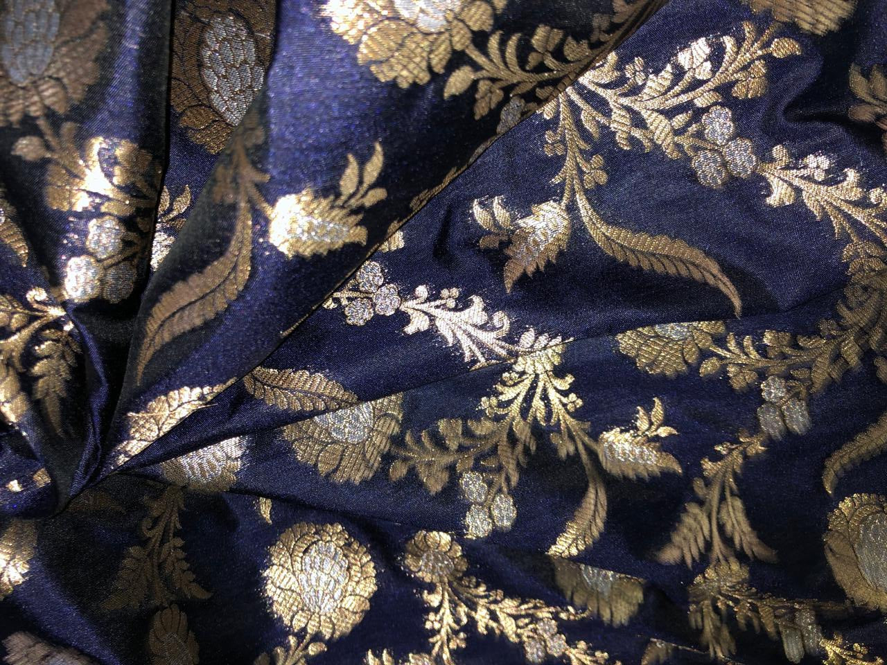 Silk Brocade fabric 44" wide   floral Jacquard with metallic gold and silver available in 2 colors green and navy   BRO937[4/5]