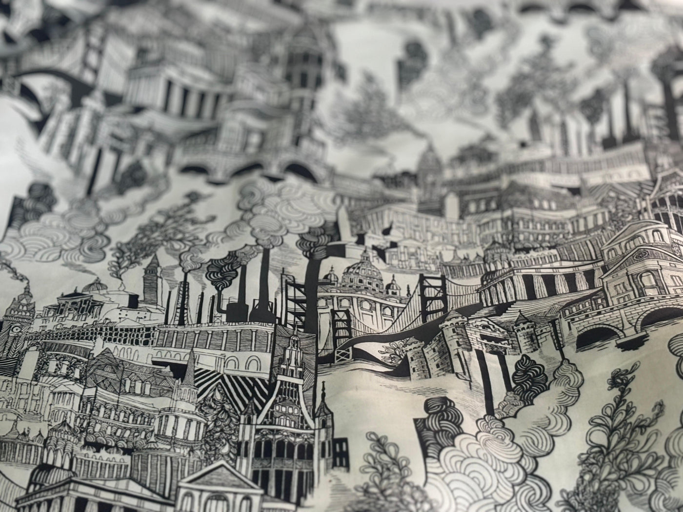 100% COTTON SATIN white and black story of castles Italy Milan [17575]