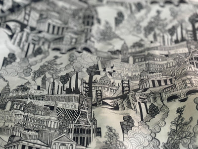 100% COTTON SATIN white and black story of castles Italy Milan [17575]