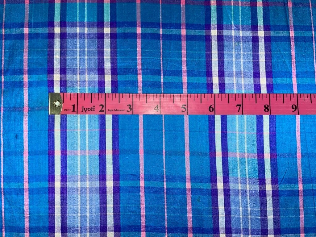 SILK DUPIONI Scottish tartan  plaids blue pink color 44" wide DUPC64