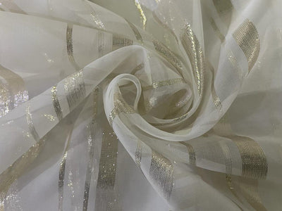 100% silk organza white with white gold lurex stripes fabric 44" wide [15512]