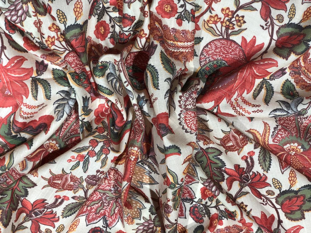 Viscose Linen 20% 80% Spun digital print available in 2 designs cream with red green and grey floral and green and beige floral print [17603/04]