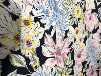 100% Cotton Poplin 58" black with pink, yellow ,blue and green floral [17581]