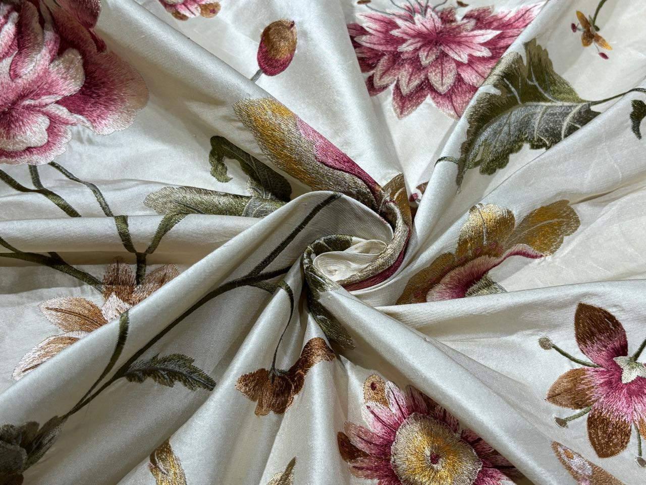 100% Silk dupioni silk 54&quot;-dark ivory with floral embroidery in  pink ,gold and olive floral DUPE64