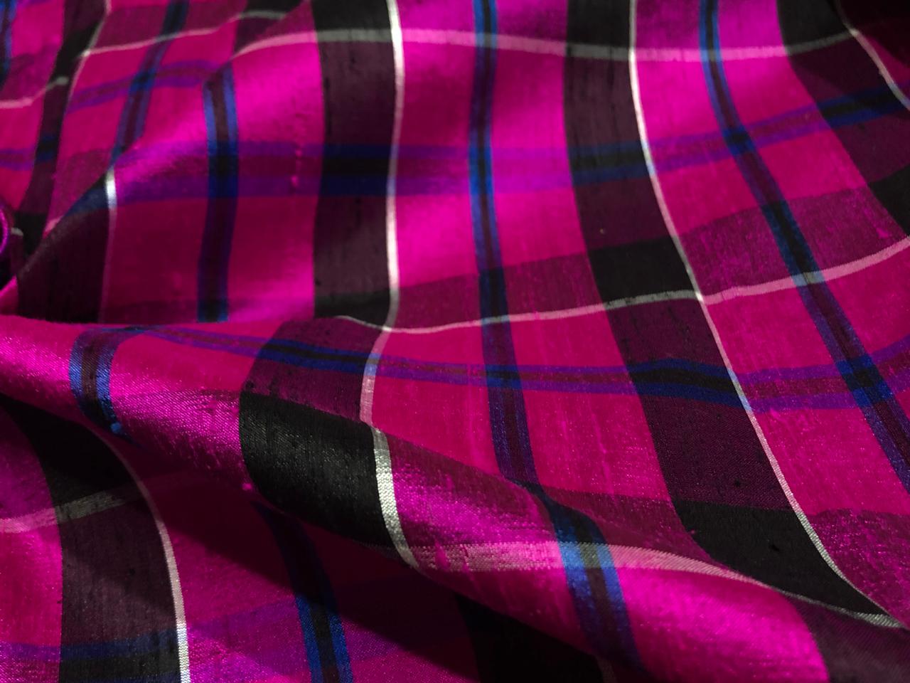 100% silk dupion  Plaids fabric with slubs bright pink, violet, burgandy ,blue and black 54" wide DUPNEWC28[1]