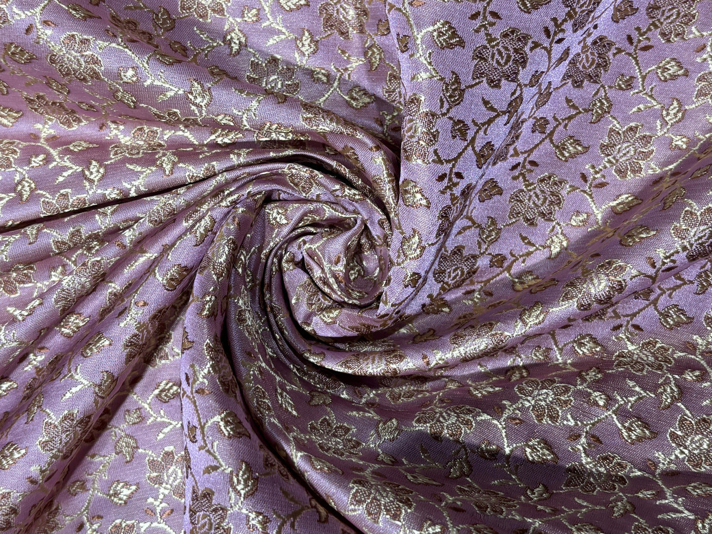 Silk Brocade fabric 44" thistle[lilac] color with golden brown floral vines jacquard  BRO1055[2]