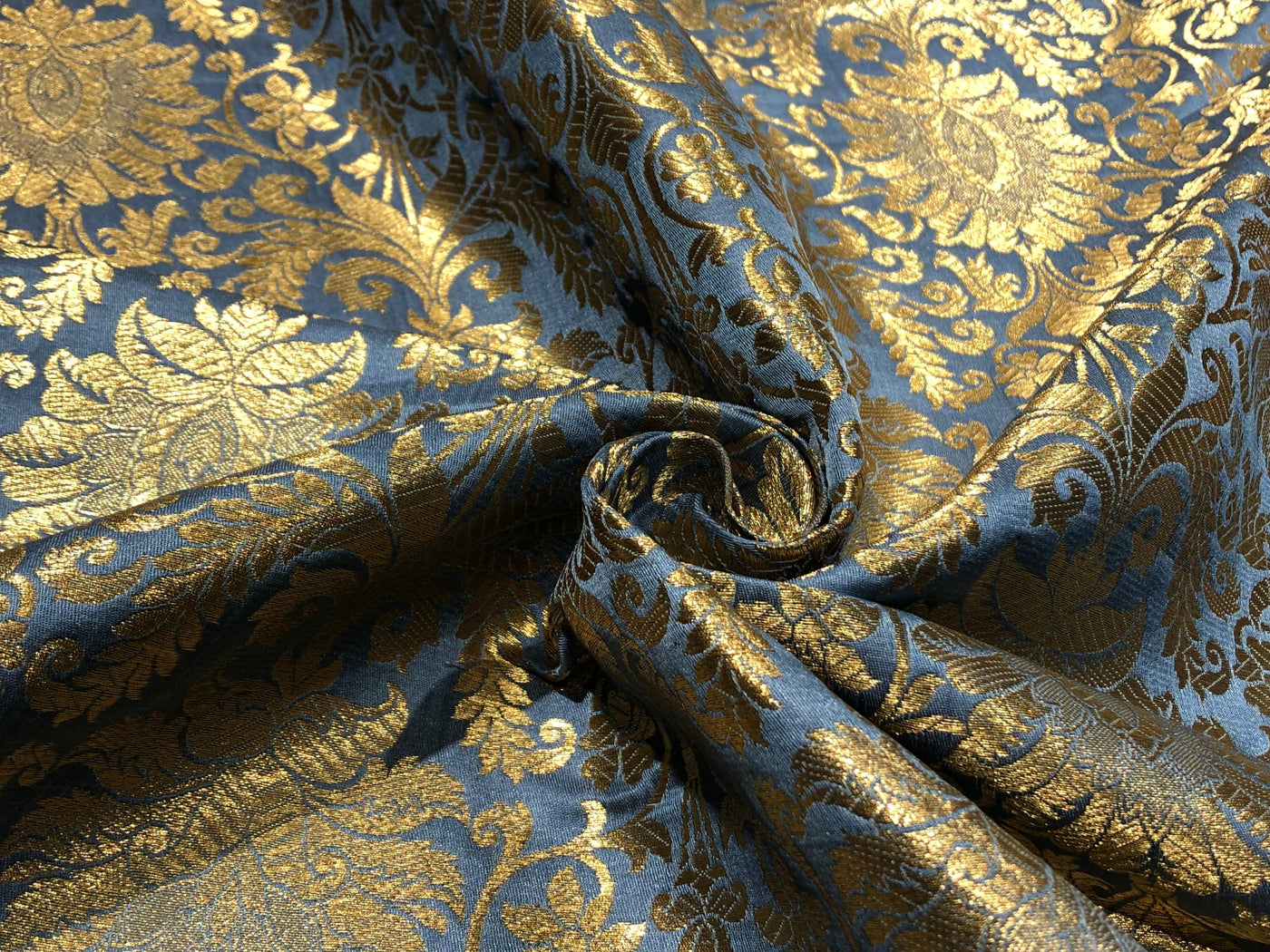 Silk Brocade fabric slate blue with metallic gold   jacquard  BRO1024[4]