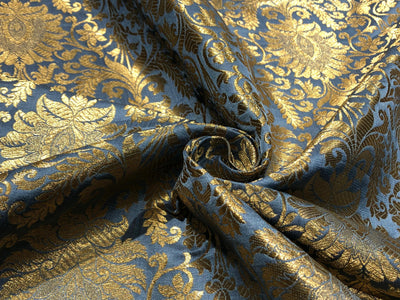 Silk Brocade fabric slate blue with metallic gold   jacquard  BRO1024[4]