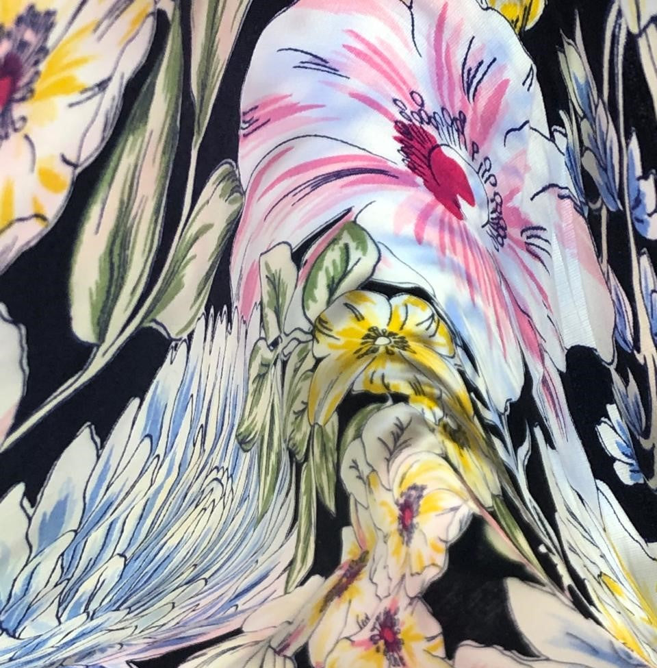 100% Cotton Poplin 58" black with pink, yellow ,blue and green floral [17581]