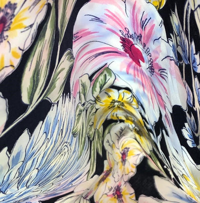 100% Cotton Poplin 58" black with pink, yellow ,blue and green floral [17581]