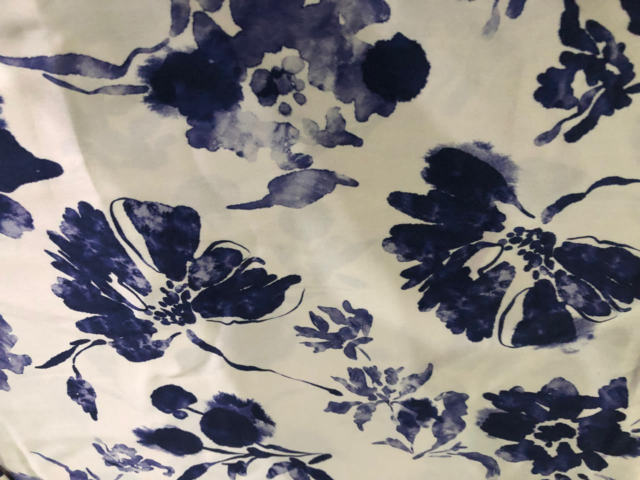 100% COTTON SATIN ivory with ink blue flowers [17223]