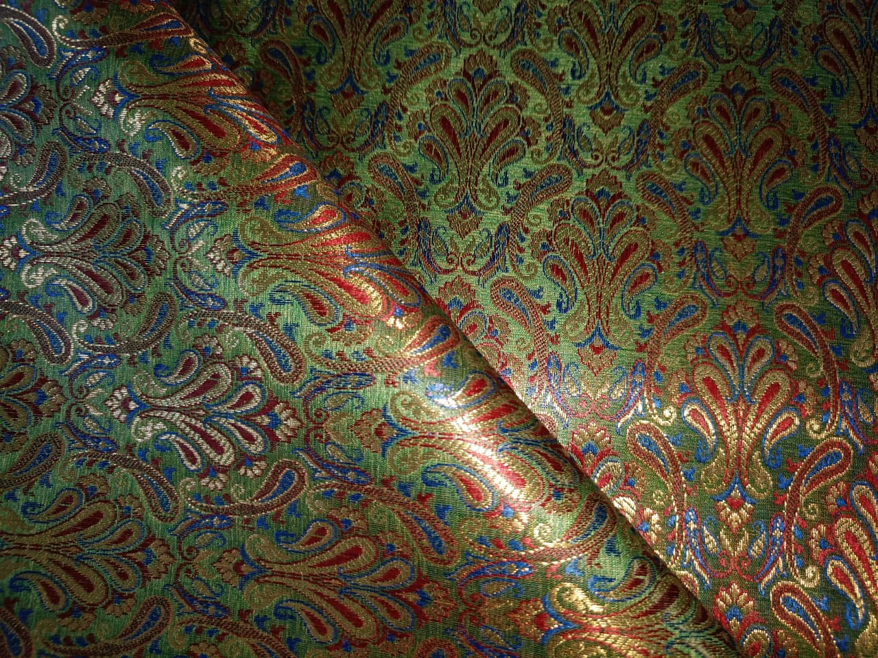 Silk Brocade fabric Green with metallic gold red and blue paisley jacquard COLOR 44" WIDE BRO898[2]