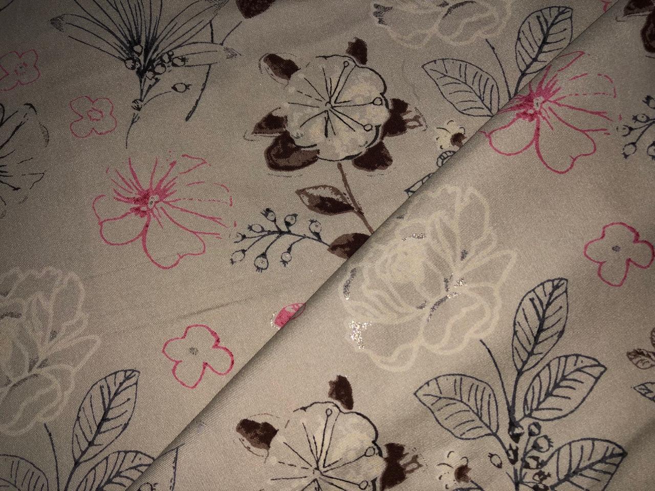 Premium Viscose Rayon fabric with foil print FLORAL 58" wide available in THREE  colors BEIGE, SEA GREEN AND DUSTY ROSE