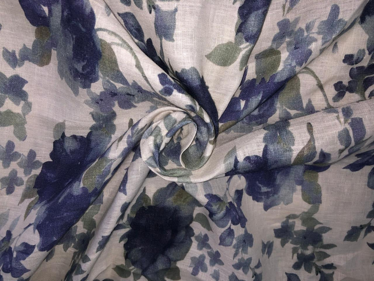 70's lea  pure linen fabric 44 inch wide grey and blue floral print [17649]