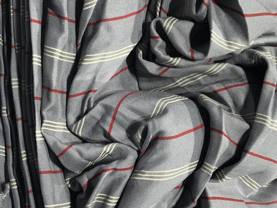 Viscose  fabric 58&quot; wide grey with red and ivory satin stripes [17708]