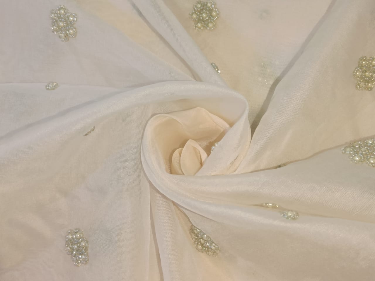 Silk organza with  pearl hand embroidery Semi Sheer fabric 54" wide available in 2 colors ivory and antique gold pearls/ivory and ivory pearls [11662/63]