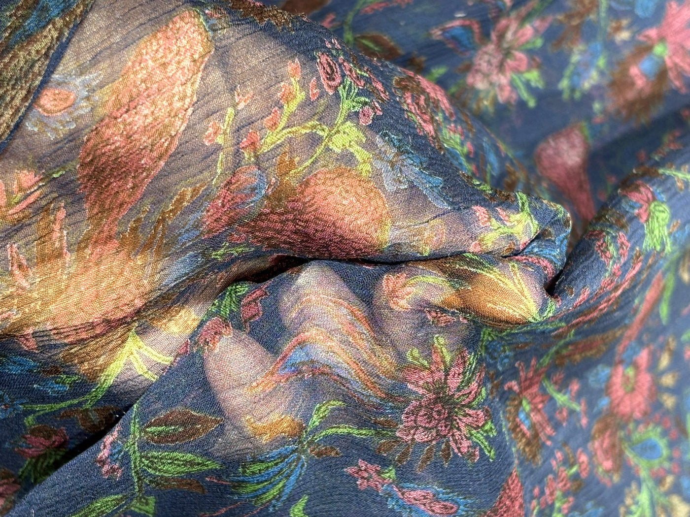 Silk chiffon printed  fabric deep ink blue  Color with red and green floral Print 44" wide [17793]
