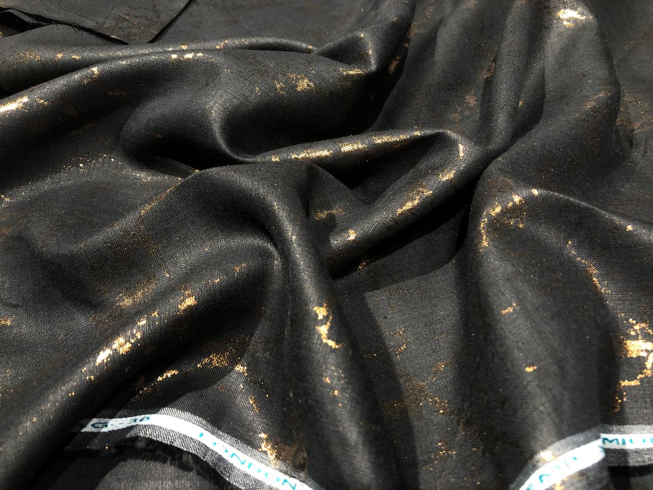 100% HEMP BLACK  color fabric with gold foil print 58" wide [16105]