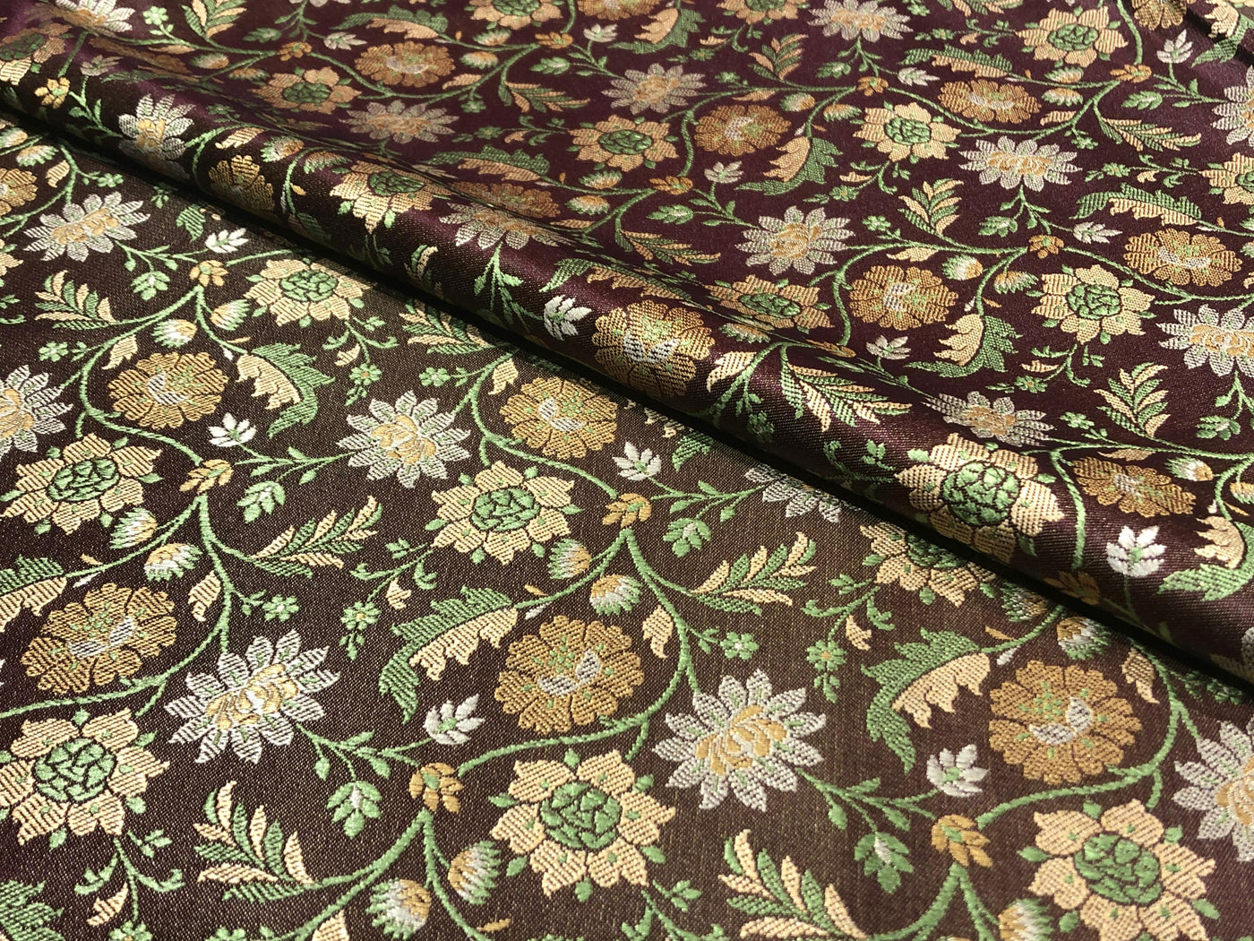 Silk Brocade fabric floral  jacquard brown with green and gold floral jacquard BRO1022[5]