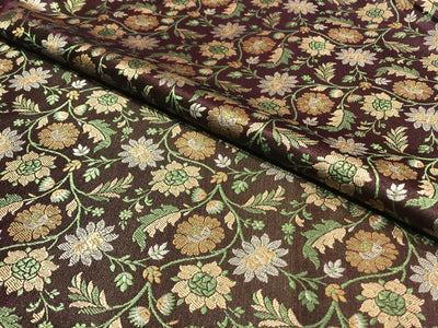 Silk Brocade fabric floral  jacquard brown with green and gold floral jacquard BRO1022[5]