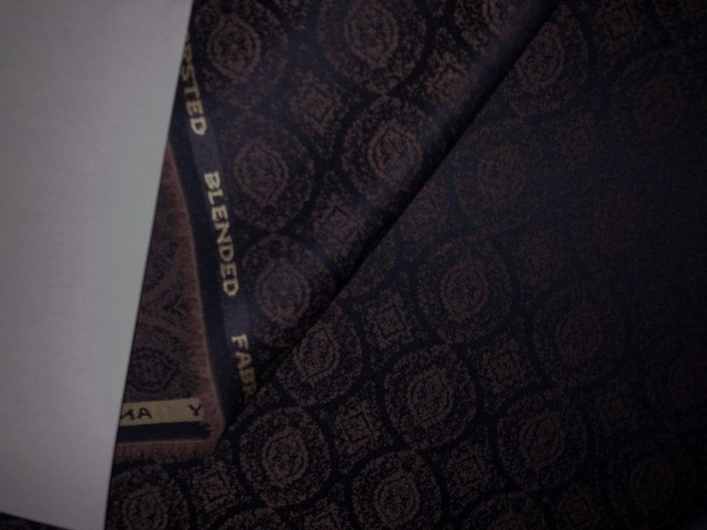 WOOL SUITING 58" wide 11% WOOL 67% POLY 22% VISCOSE  [15587/88/89]available in 3 colors BEIGE WITH SPRUCE BLUE MOTIF , NAVY WITH BRONZE MOTIF, BEIGE WITH BROWN MOTIF