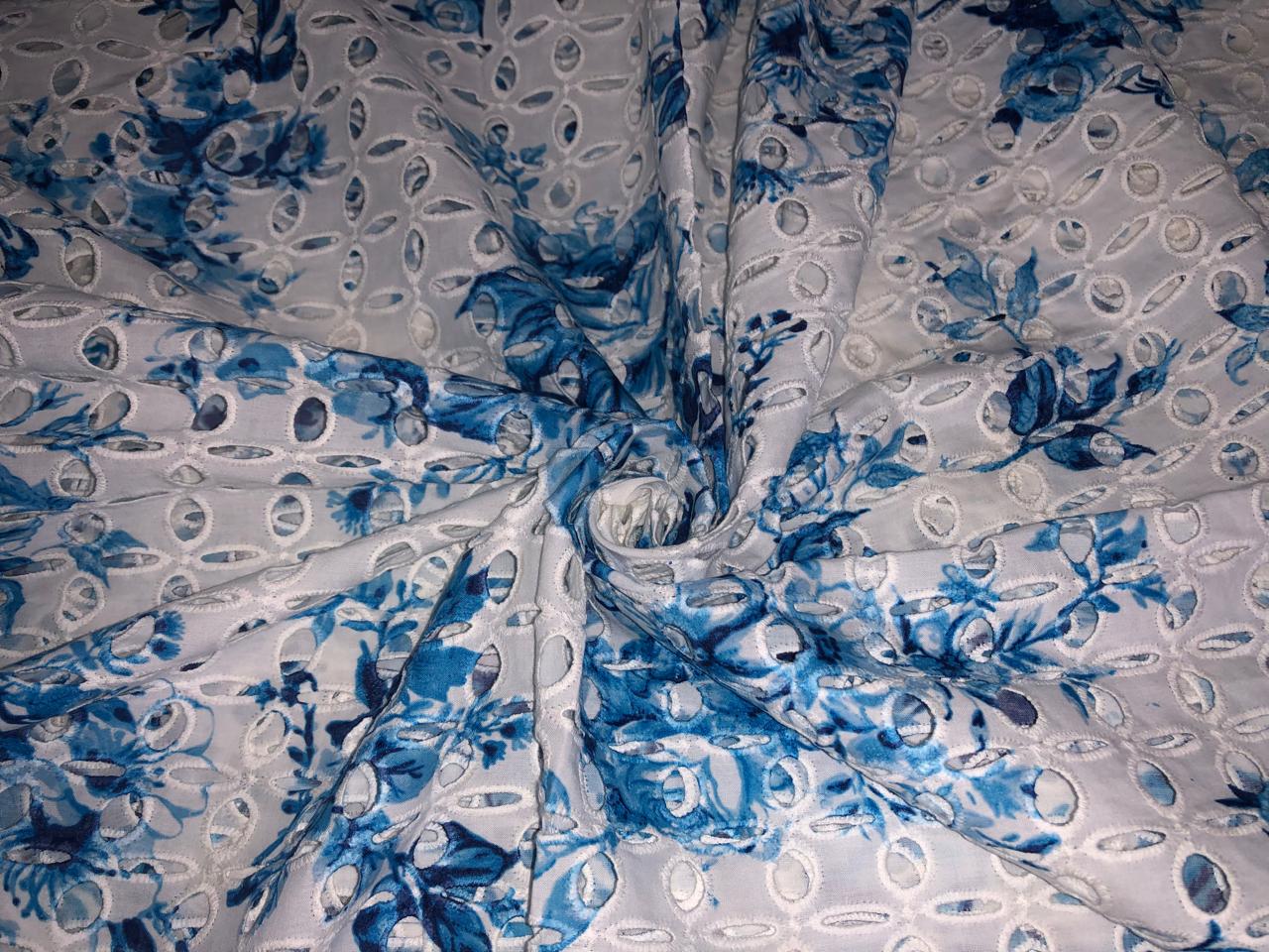 100% Cotton white with blue floral printed and hakoba embroidered fabric  58 inches wide 147 cms. [17303]