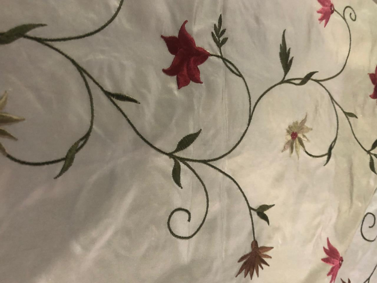 100% Silk TAFETTA EMBROIDERY 44" WIDE cream with scarlet, brown ,blue and yellow flowersTAFE22[3]