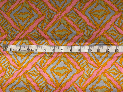 100% Pure Silk 100 grams satin printed 44"wide fabric pink, mustard and silver grey abstract  [18419]