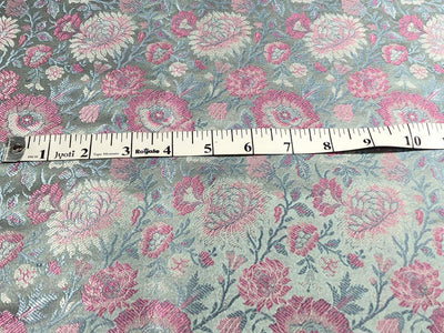 Silk Brocade fabric 44"  green sheen, silver ,blue and pink floral  jacquard BRO1050[1]