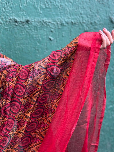 SARI Indian beautiful silk chiffon sari Indian red with mustard paisleys single length 6 yards [17683]