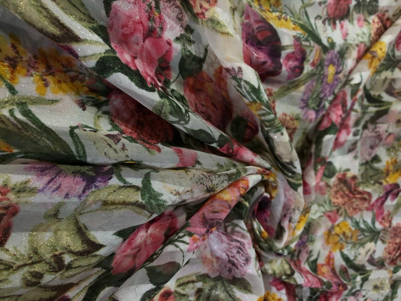 Georgette Art Silk With Satin Stripes Floral [16865]