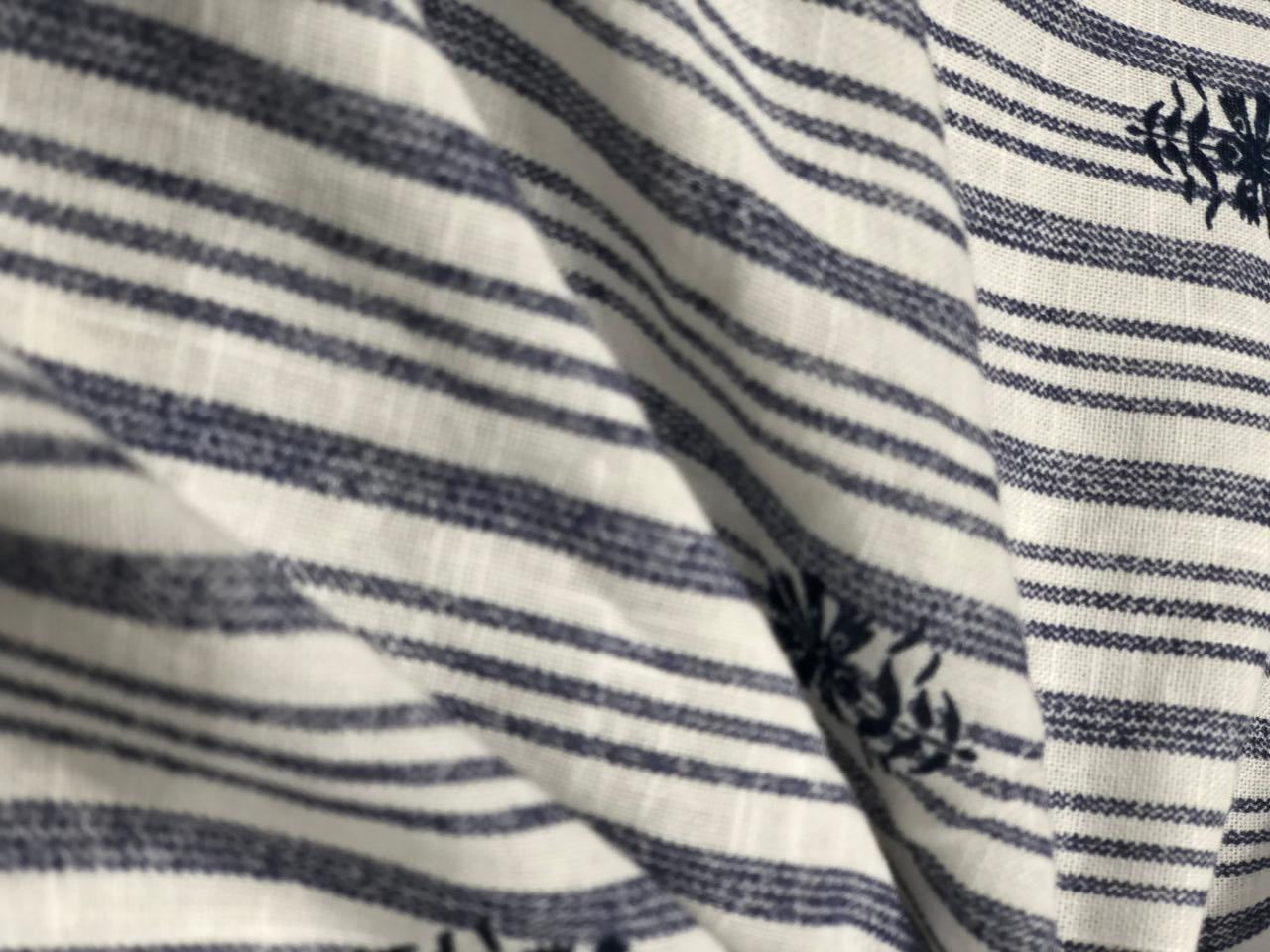 100% Linen stripe fabric [navy /white stripes]with navy color floral motif embroidery [17707]