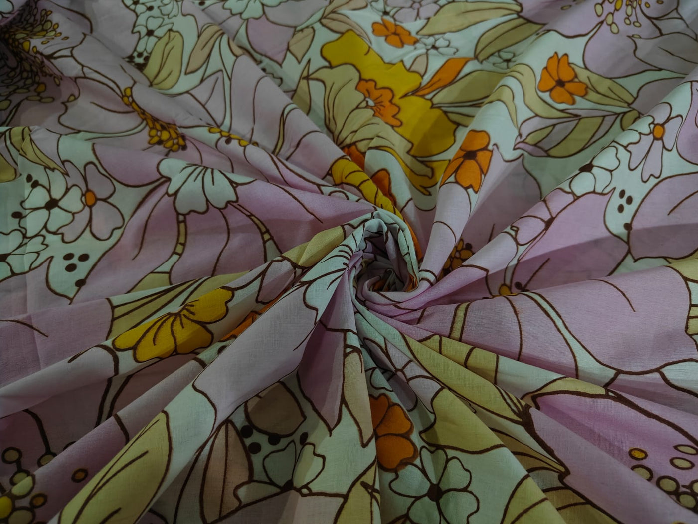 100% Cotton Poplin FLORAL PRINT pastel pink, orange and yellow flowers [17231]