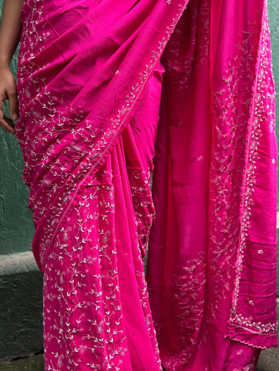 Indian beautiful silk crepe sari hot pink 6 yards with zardosi embroidery