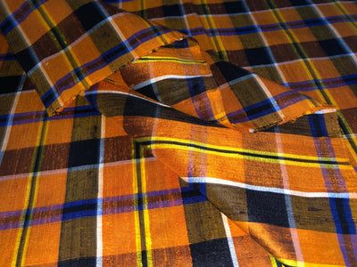 100% silk dupion  Plaids fabric with slubs shades of burnt orange ,navy, black and yellow 54" wide DUPNEWC29[3]