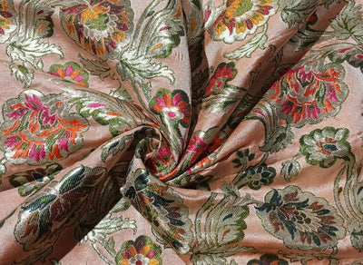 Brocade Heavy KING KHAB  Fabric PASTEL PEACH with red green ,  mustard and metallic white gold floral jacquard BRO985[1]