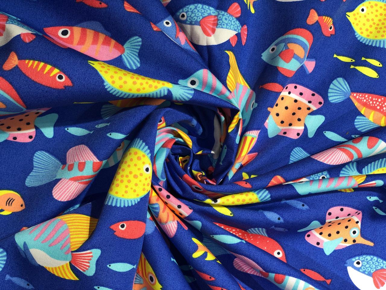 100% Cotton Poplin 58" wide digital print blue waters with bright colorful fish [17620]
