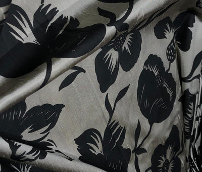 100% silk Dupion fabric brushed  gold with black floral print 54" wide DUPPRT42