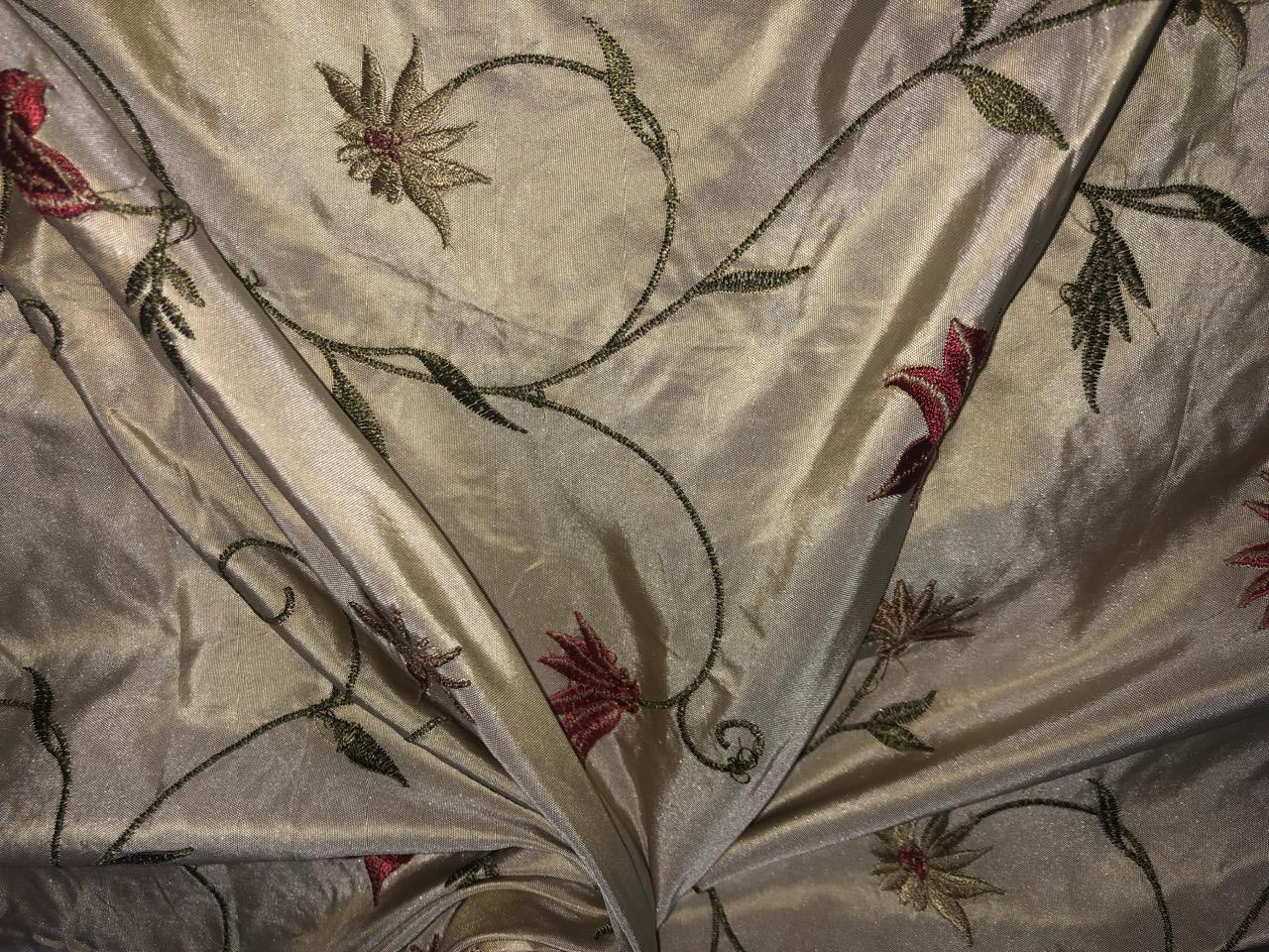 100% Silk TAFETTA EMBROIDERY 44" WIDE cream with scarlet, brown ,blue and yellow flowersTAFE22[3]