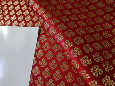 Silk Brocade fabric Red with metallic gold and green motif Jacquard color 44" wide BRO895[2]