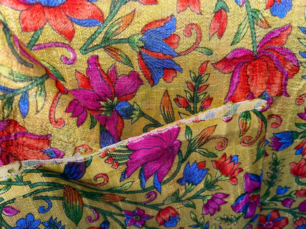 100% silk Dupion fabric mustard gold with multi color floral print 40" wide SLUBS DUPPRT41[4]