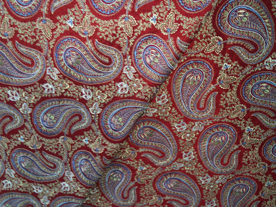 100% Silk dupioni EMBROIDERY 44" WIDE red color with blue paisley embroidery DUPE71