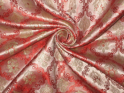 SILK BROCADE FABRIC Red/Pink & Gold 44" wide BRO37[6]