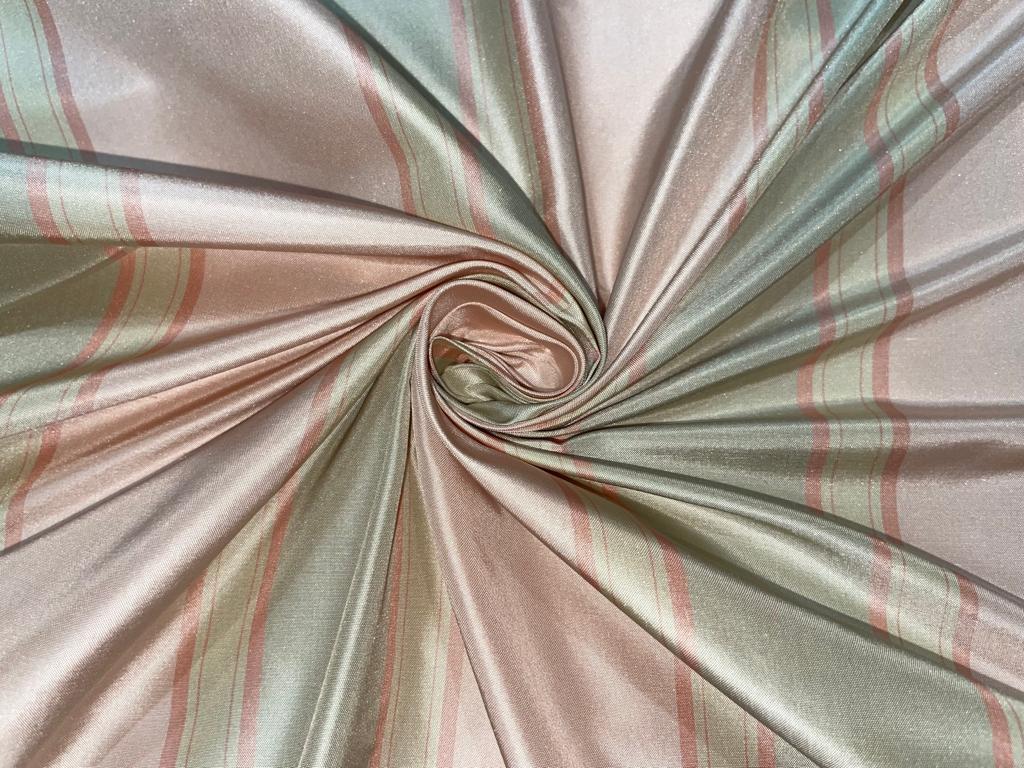 Silk Taffeta Fabric Pastel Light Peachy Pink,Green & Golden Beige stripes 54" wide TAFS29[3]