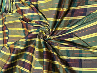 100% silk dupion  Plaids fabric with slubs  yellow, burgandy , green, brown and black 54" wide DUPNEWC29[1]