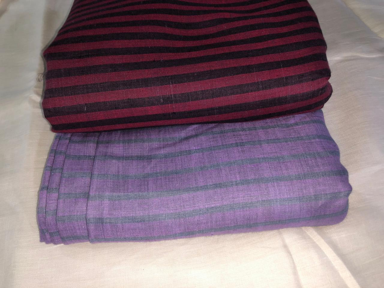 100% Linen stripe 60's Lea Fabric 58" wide available in two colors lilac/ grey and burgundy/black