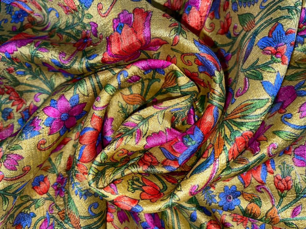 100% silk Dupion fabric mustard gold with multi color floral print 40" wide SLUBS DUPPRT41[4]