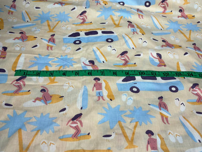 100% Cotton Poplin  Beach Prints 58" wide available in 4 prints red with blue skates/ bird bright orange flowers and the beach scene