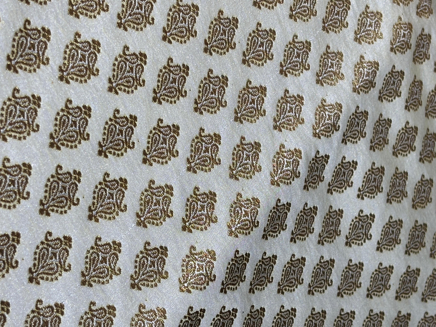 Silk Brocade fabric 44" dark ivory with antique gold jacquard motifs available in 2 designs leaf and paisley BRO1053